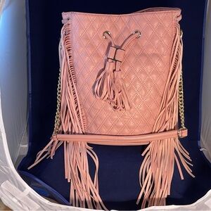 Barbie Pink Fringe Western/Boho Vegan Bucket Bag Gold Chain Shoulder StrapTassel